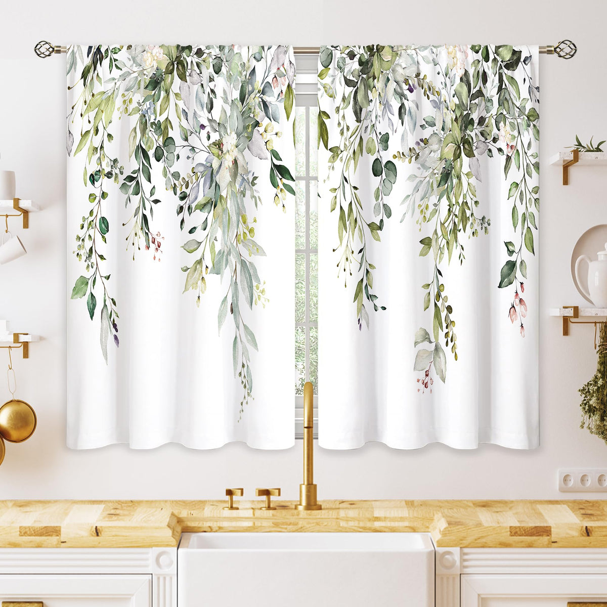 Eucalyptus Botanical Leaves Floral Kitchen Window Curtains Over Sink Boho Farmhouse Flower Leaf Small Window Treatment Sage Green Cafe Short Curtains for Bathroom Tier Drapes 27.5x39 inch