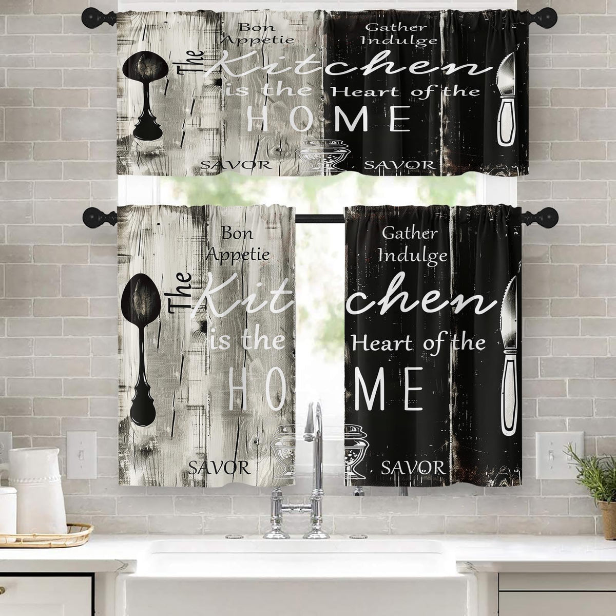 Emvency Kitchen Curtains Sets for Windows 52x36 Inch 3 Pack Farmhouse Wood