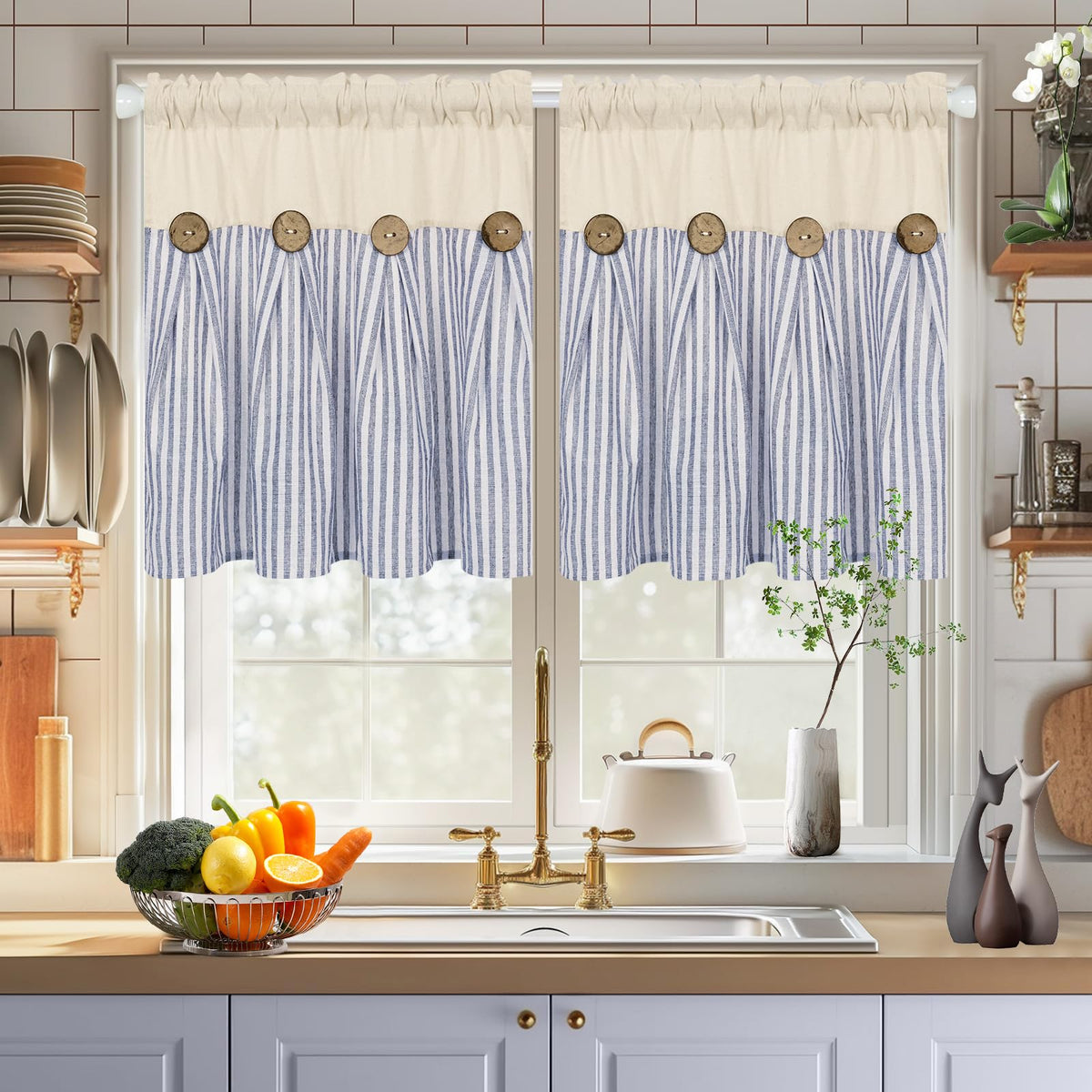 ASPMIZ Cotton Linen Kitchen Valance Curtains, Boho Rustic Button Linen Valances for Windows Farmhouse, Black with Grey Stripe Valance Window Topper Treatment Window Valances for Bathroom, 52 x 18 Inch