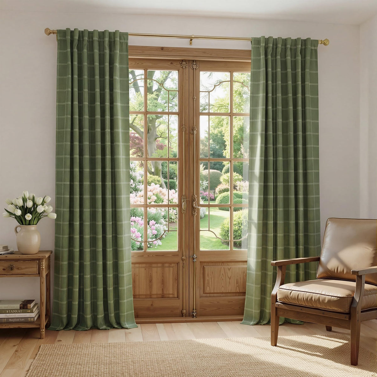 NICETOWN Olive Green Farmhouse Gingham Tiers Kitchen 100% Blackout Curtains