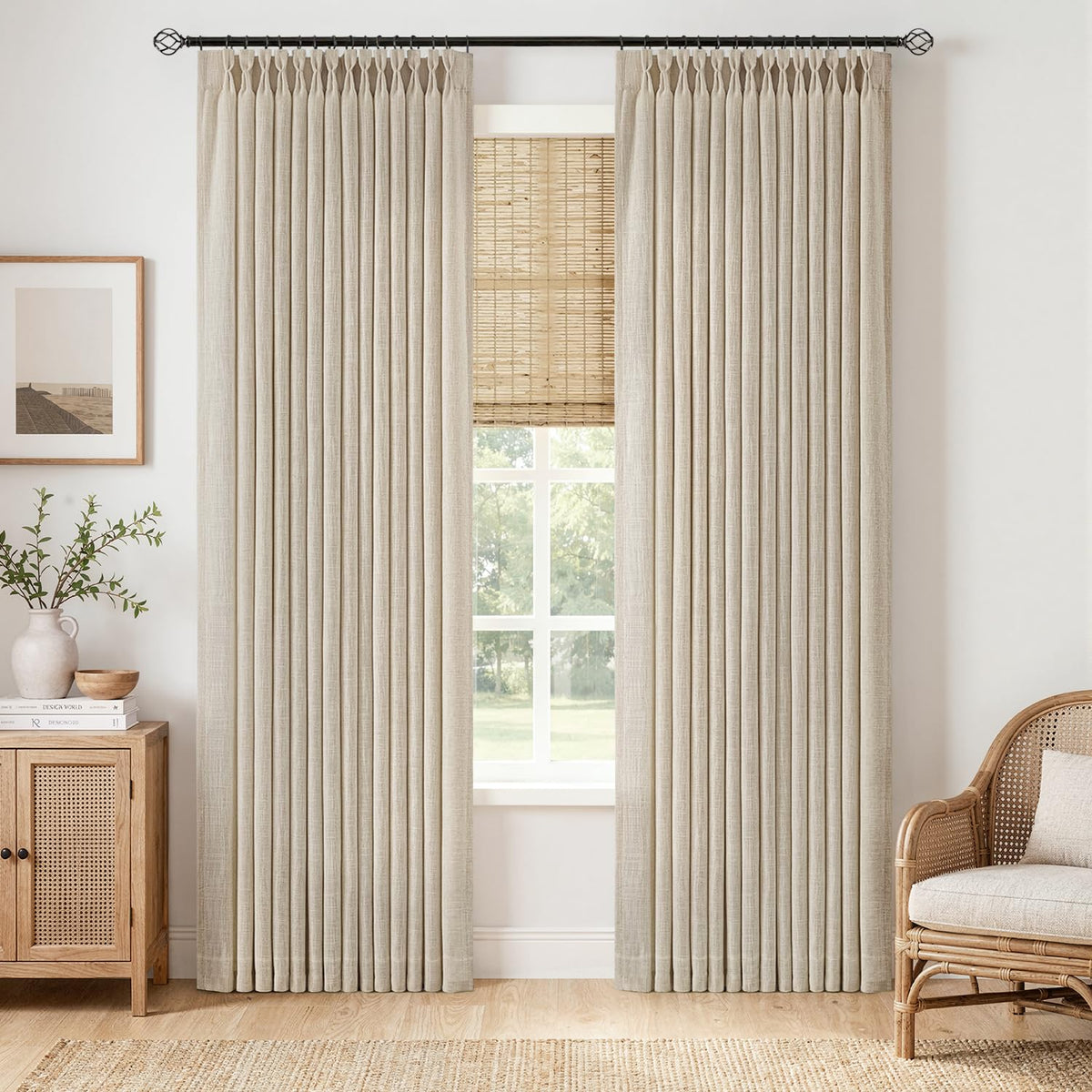 MIULEE Pinch Pleated Thick Linen Curtains 36 Inches Long 2 Panels Natural