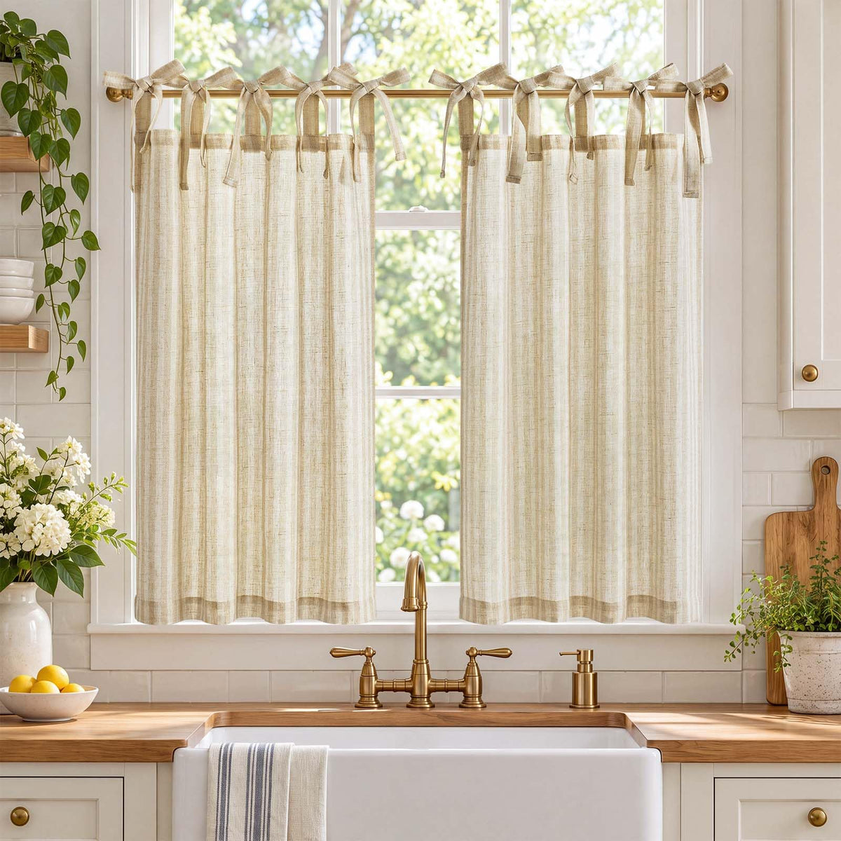 jinchan Striped Linen Kitchen Tier Curtains, 30 Inch, Sage Green, 2 Panels