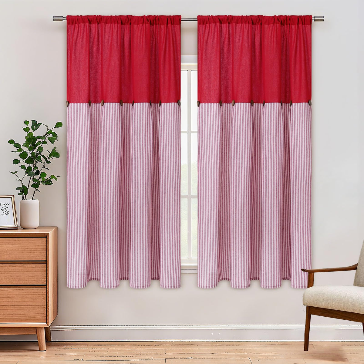 ASPMIZ Cotton Linen Kitchen Valance Curtains, Boho Rustic Button Linen Valances for Windows Farmhouse, Black with Grey Stripe Valance Window Topper Treatment Window Valances for Bathroom, 52 x 18 Inch