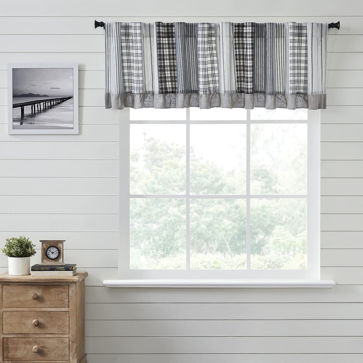 VHC Brands Sawyer Mill Curtain, Panel 63x36, Charcoal Khaki Tan