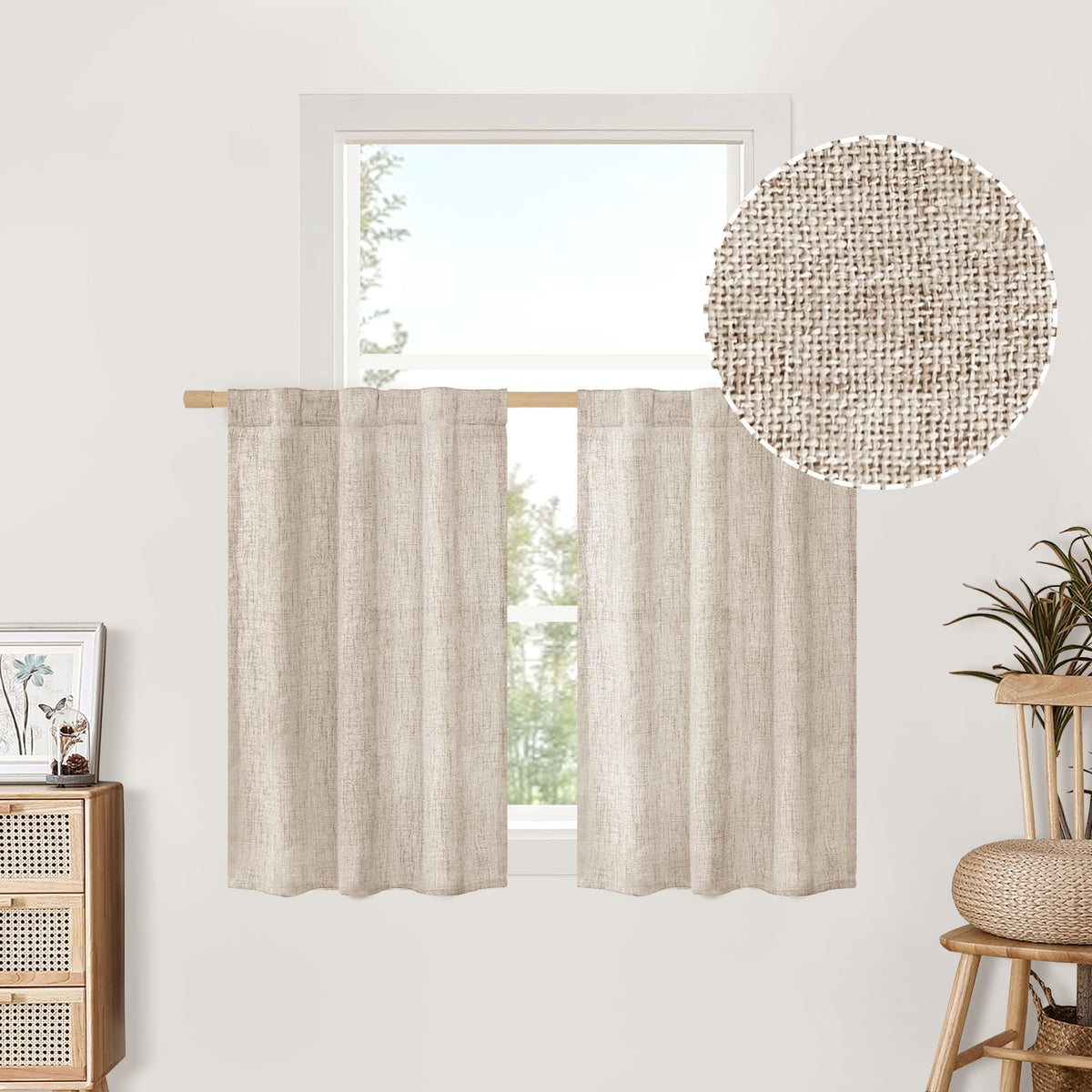 BGment White Linen Kitchen Curtains 40 Inch Length for Short Window