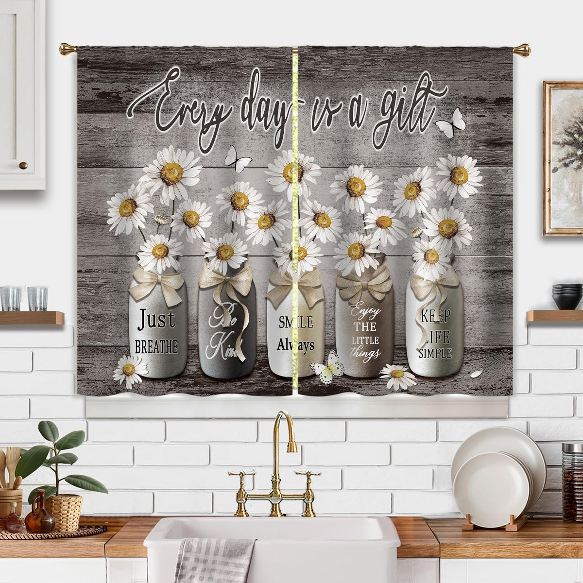 Farmhouse Sunflower Kitchen Curtain Rustic Small Short Cafe Window Curtains Country Wooden Barn Inspirational Bathroom Window Drapes Treatment Tier Curtains 2 Panels (27.5x39 Inch)