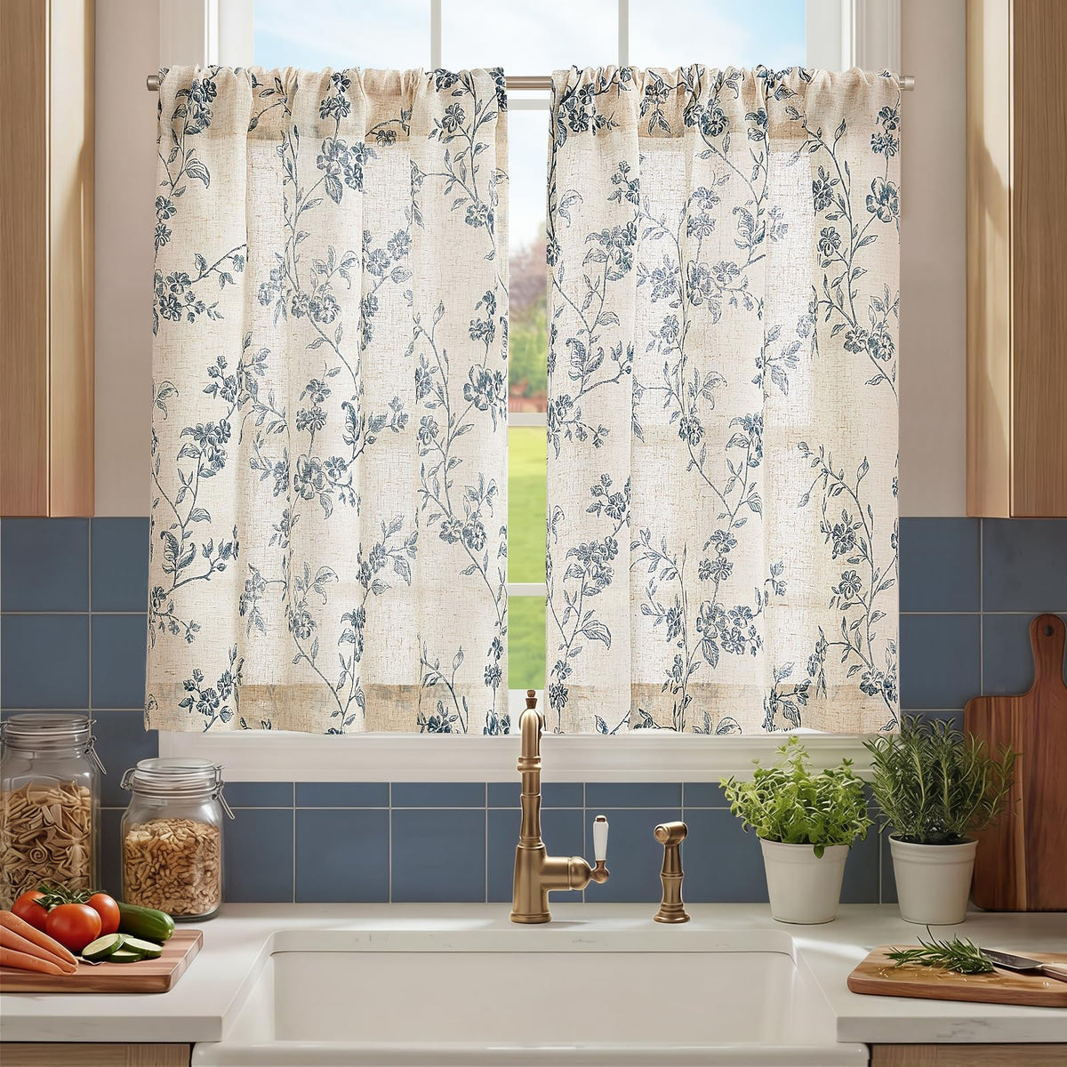jinchan Floral Linen Kitchen Tier Curtains, 36 Inch, 2 Panels, Taupe