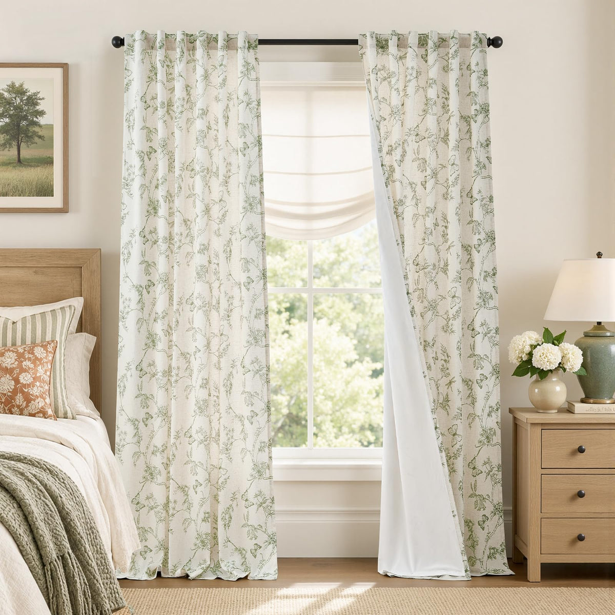 Lazzzy Green Floral Linen Curtains Farmhouse Rod Pocket 50W X 84L 2 Panels