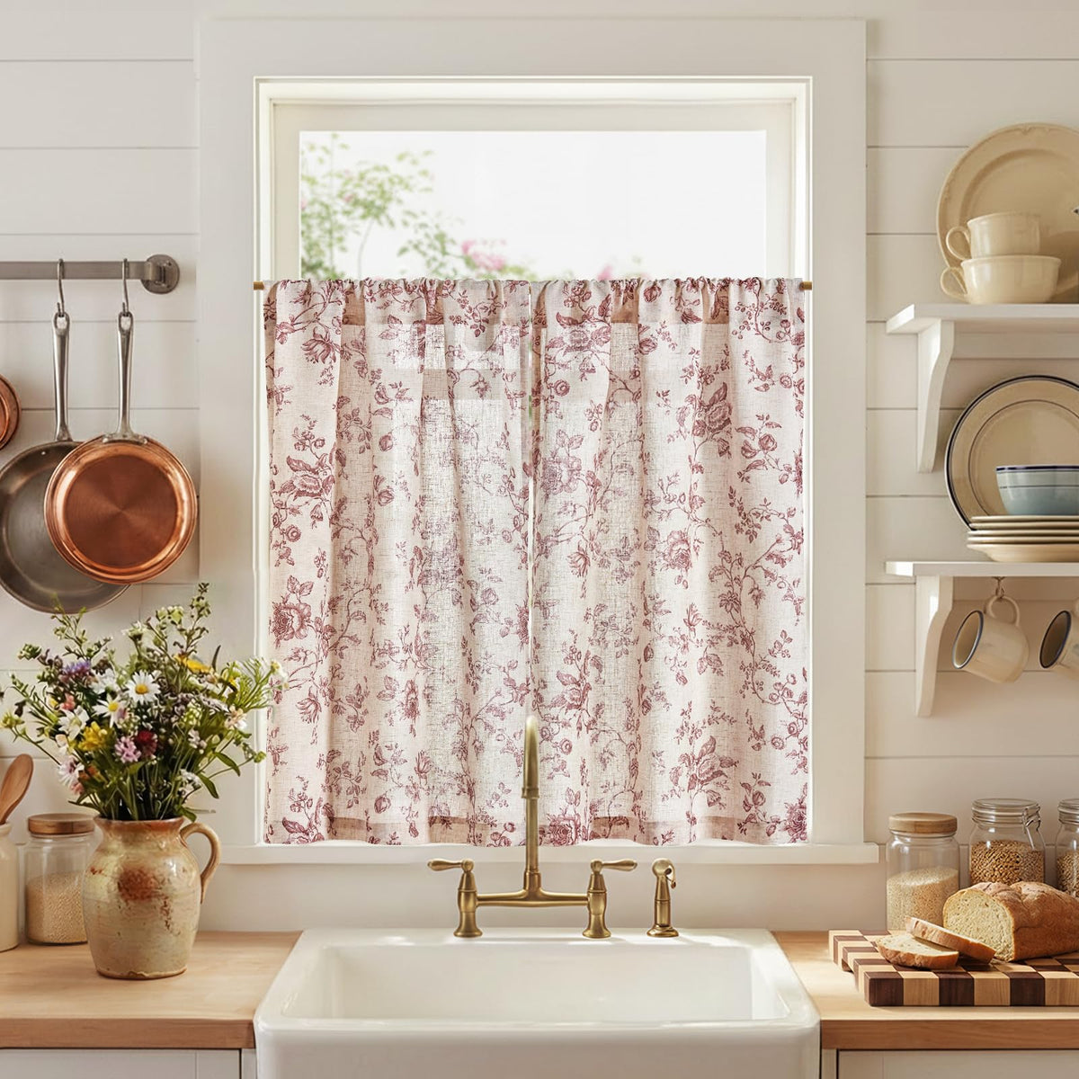 jinchan Floral Linen Kitchen Tier Curtains, 36 Inch, 2 Panels, Taupe