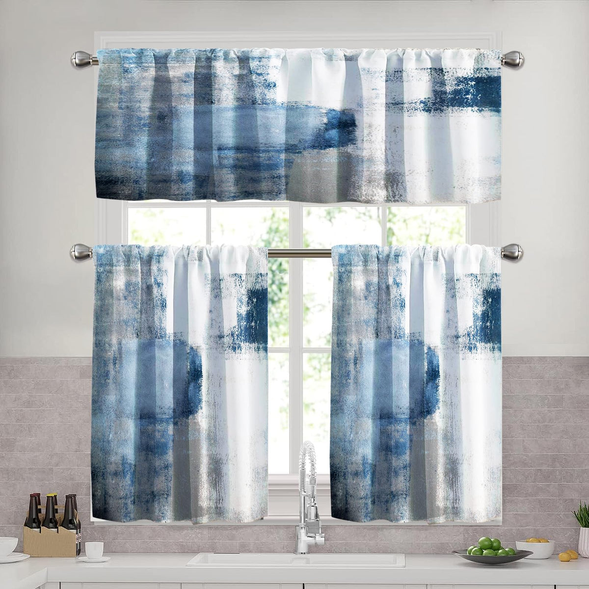 Blue Brown Kitchen Curtains Set, 3 Piece 52x36 Inch Valance & Tier Curtains