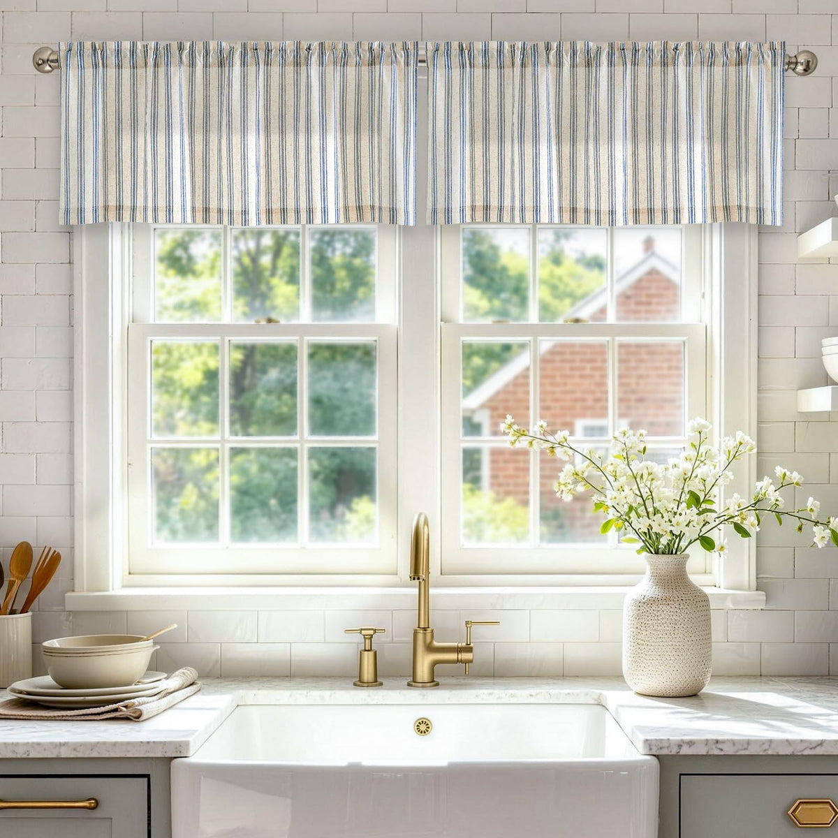 jinchan Linen Boxter Stripe Valances for Window 16 inch,Sage Green,1 Panel