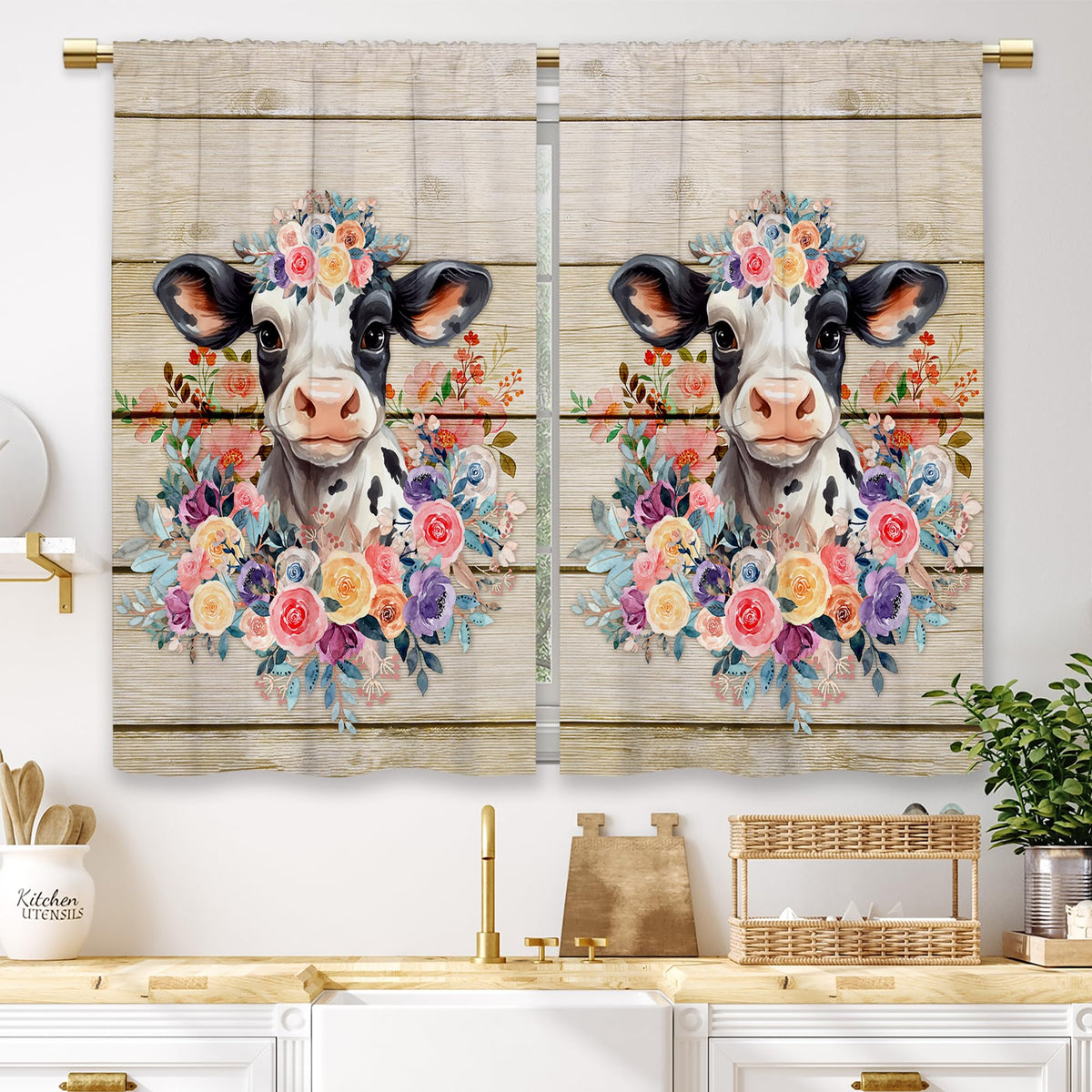 Teal Farmhouse Daisy Kitchen Curtains Wooden Flower Small Short Cafe Window Curtains Rustic Floral Butterfly Country Bathroom Drapes Treatment Tier Curtains 2 Panels (27.5x39 Inch)