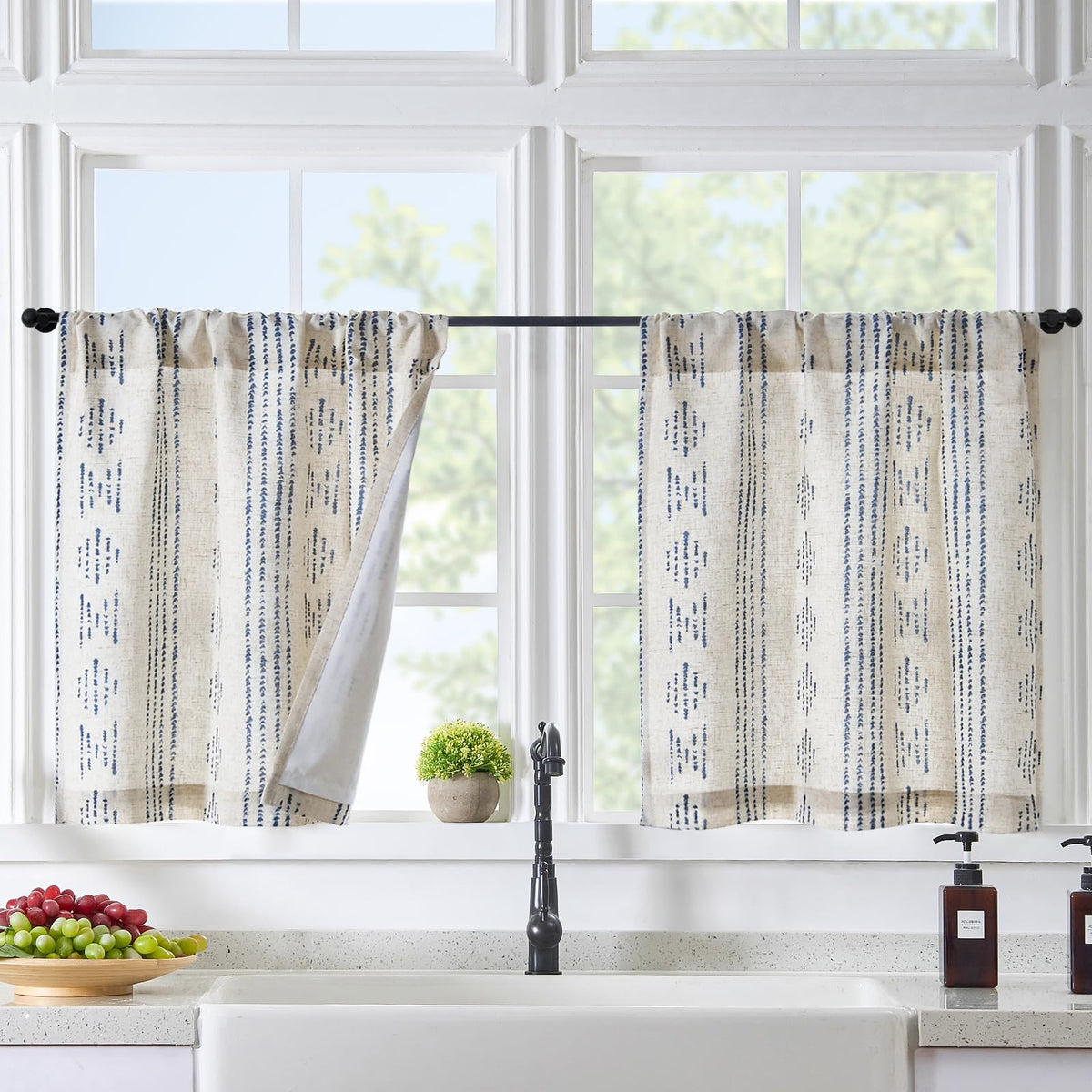 jinchan Blackout Kitchen Tier Curtains 36 Inch Rod Pocket Blue on Beige