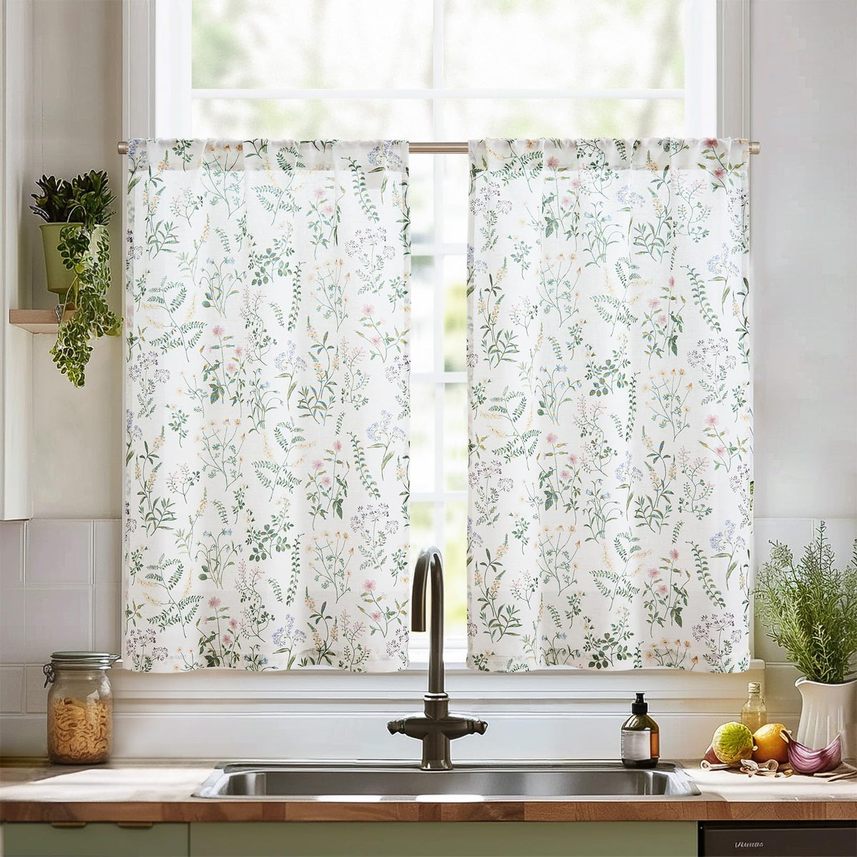 jinchan Floral Kitchen Tier Curtains 24 Inch 2 Panels Sage Green on Beige