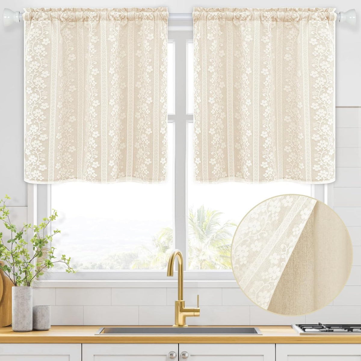 ASPMIZ Linen Kitchen Curtains 36 Inch Length, Double Layered Window Curtain 2 Panel Sets Rod Pocket Short Curtains for Kitchen, Farmhouse Window Treatment Tiers for Bathroom, Cafe, Beige