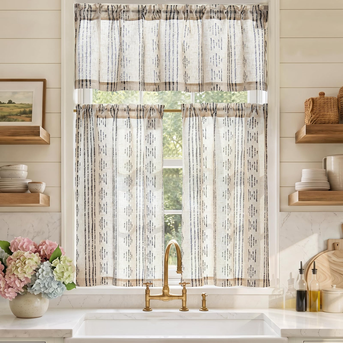 jinchan Sage Green Linen Kitchen Curtains and Valance Set Rod Pocket