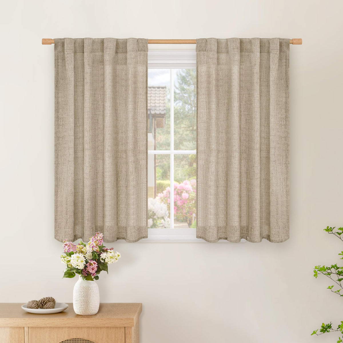 BGment White Linen Kitchen Curtains 40 Inch Length for Short Window