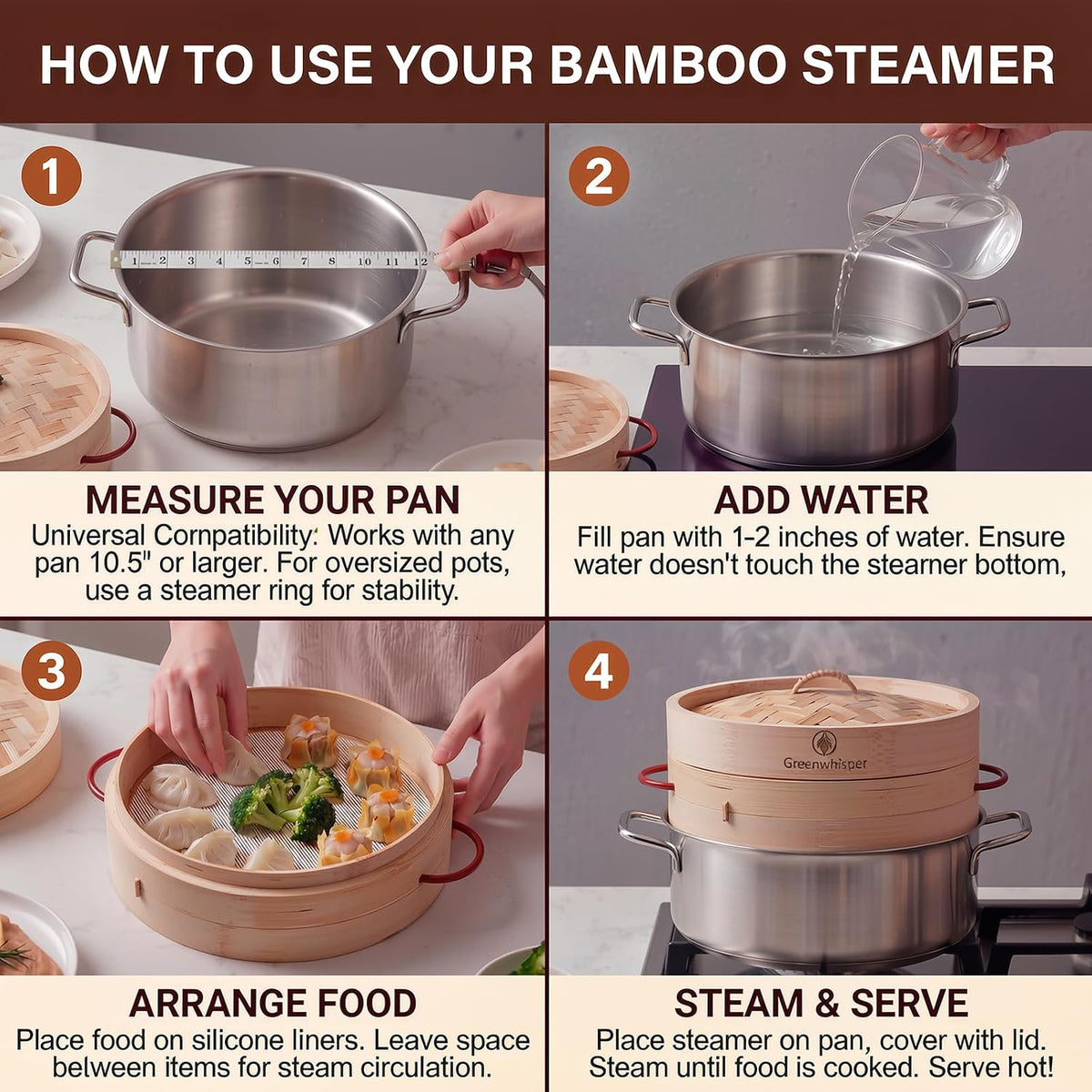 10 Inch Bamboo Steamer Set, 2 Tier Dumpling Steamer Basket – For Cooking Bao Buns, Dim Sum, Soup Dumpling (10 inch)