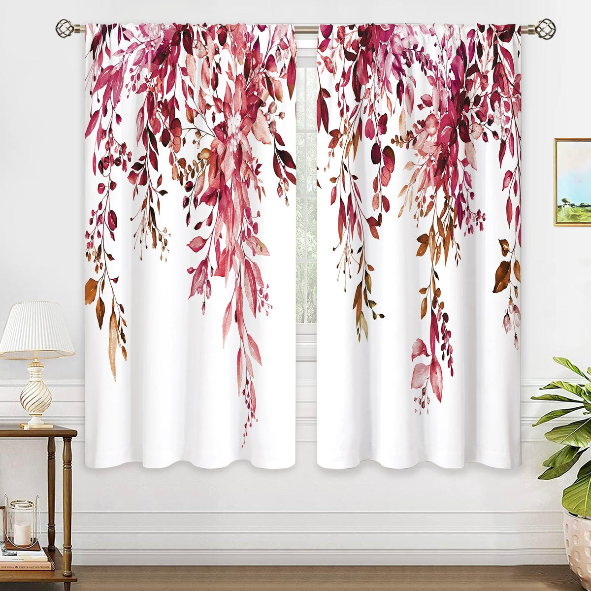 Eucalyptus Botanical Leaves Floral Kitchen Window Curtains Over Sink Boho Farmhouse Flower Leaf Small Window Treatment Sage Green Cafe Short Curtains for Bathroom Tier Drapes 27.5x39 inch