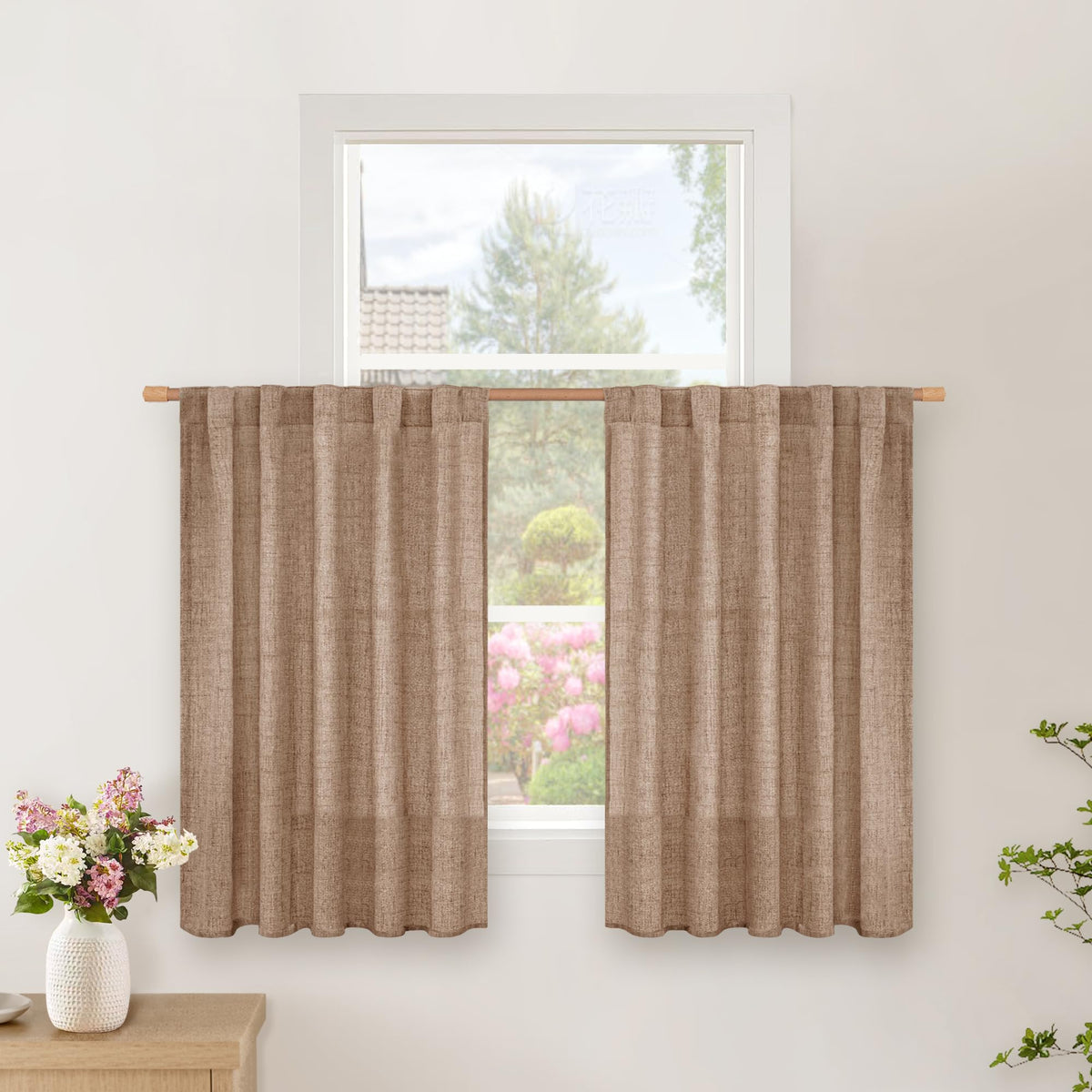 BGment White Linen Kitchen Curtains 40 Inch Length for Short Window