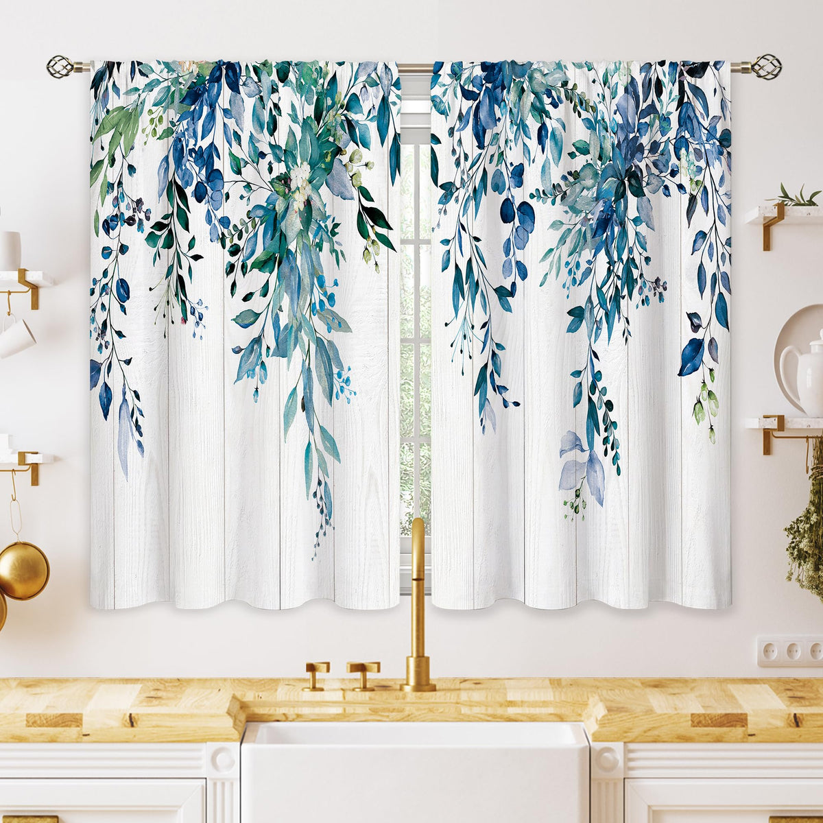 Eucalyptus Botanical Leaves Floral Kitchen Window Curtains Over Sink Boho Farmhouse Flower Leaf Small Window Treatment Sage Green Cafe Short Curtains for Bathroom Tier Drapes 27.5x39 inch