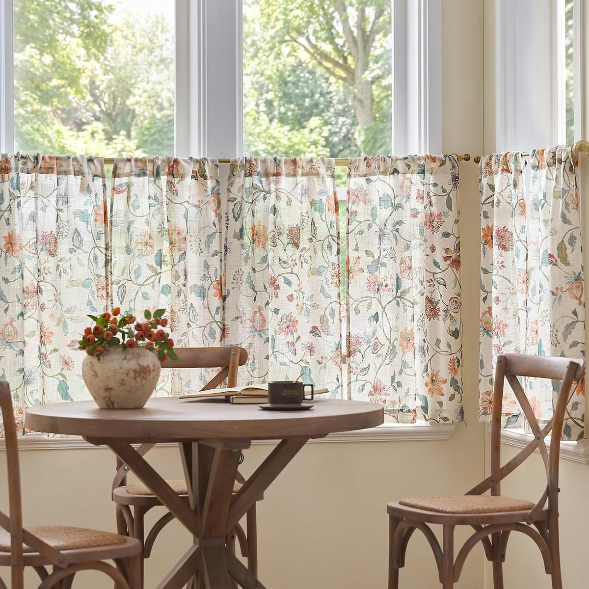 jinchan Hattie Floral Linen Kitchen Tier Curtains Beige 30 in 2 Panels