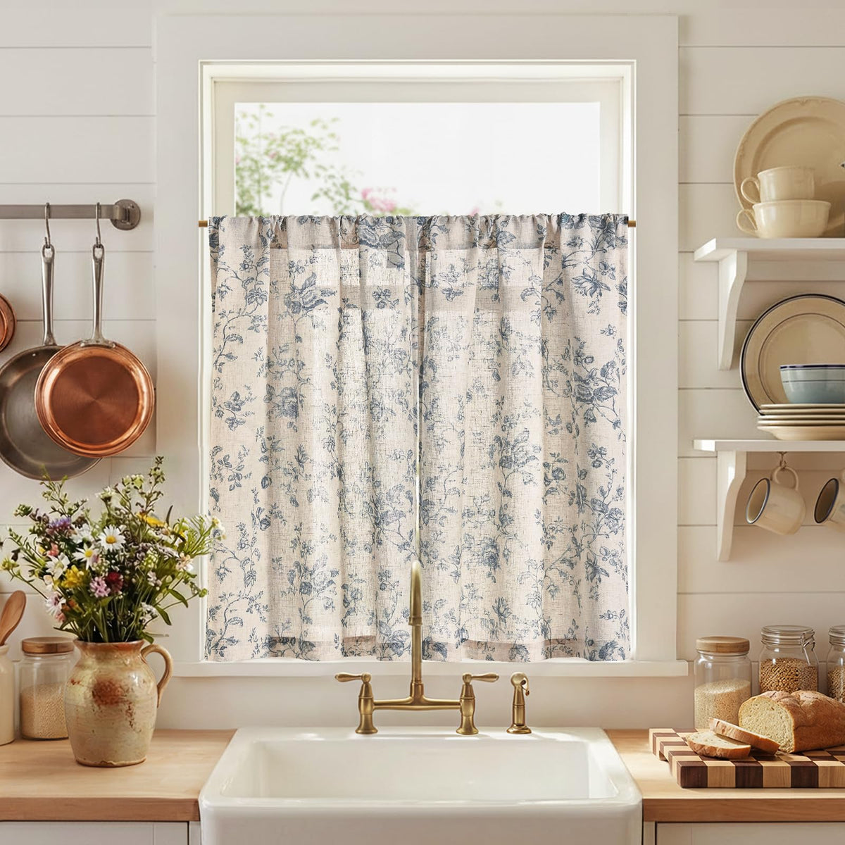 jinchan Floral Linen Kitchen Tier Curtains, 36 Inch, 2 Panels, Taupe