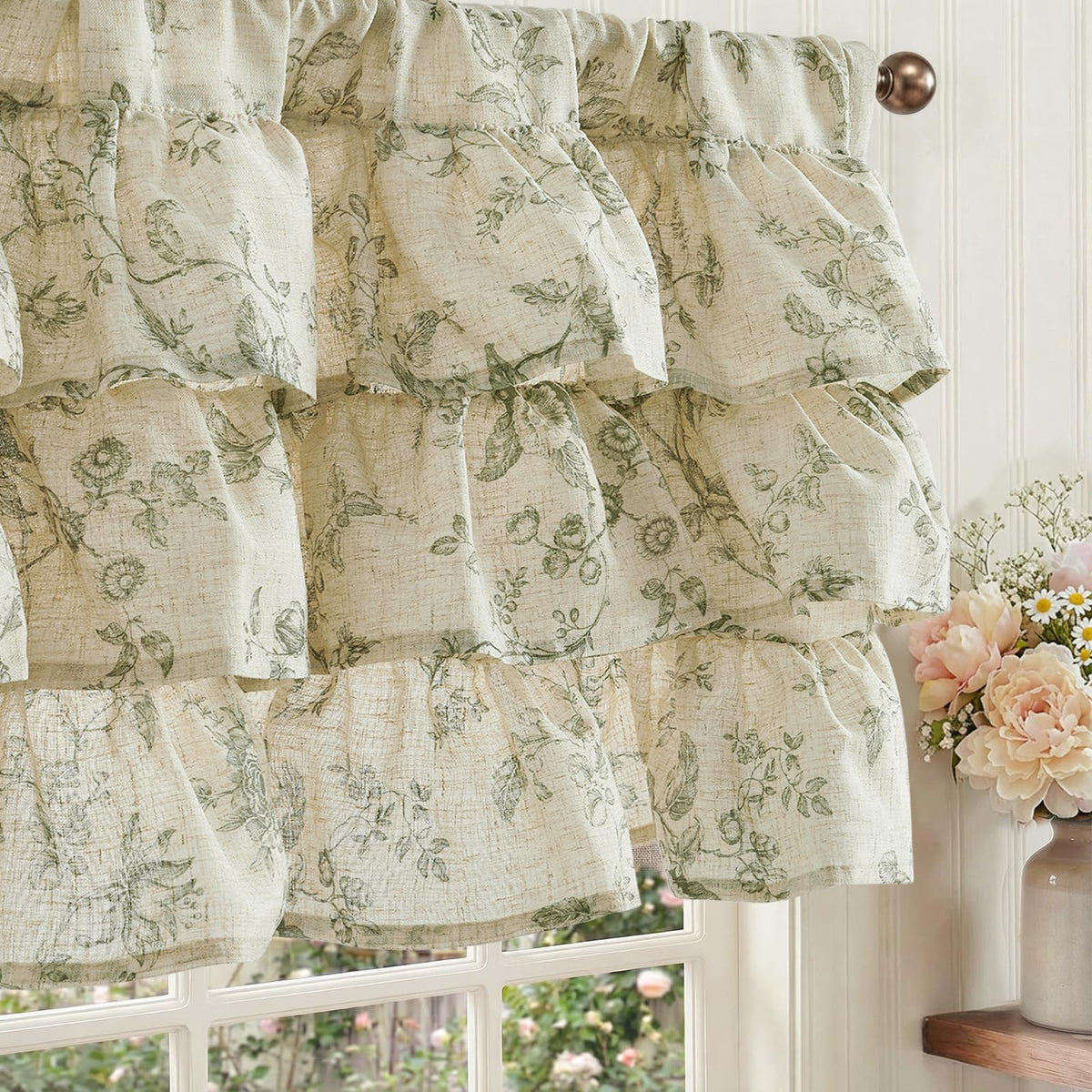 jinchan Alisa Ruffled Floral Valance Curtain 18 Inch 1 Panel Taupe on Linen