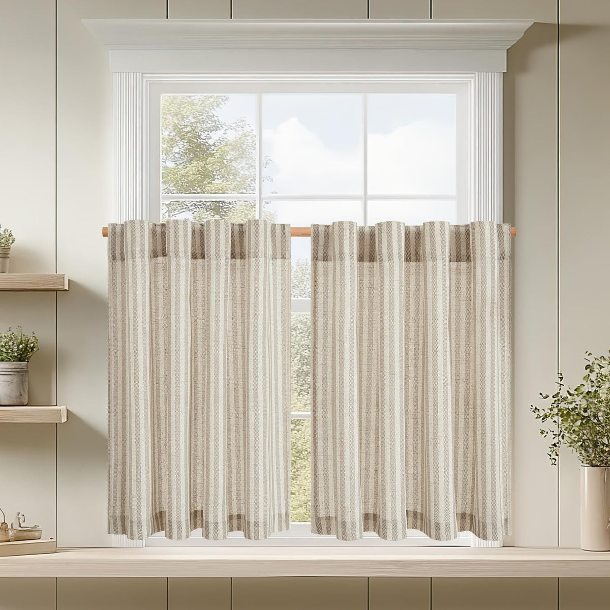 jinchan Striped Linen Kitchen Tier Curtains, 30 Inch, Sage Green, 2 Panels