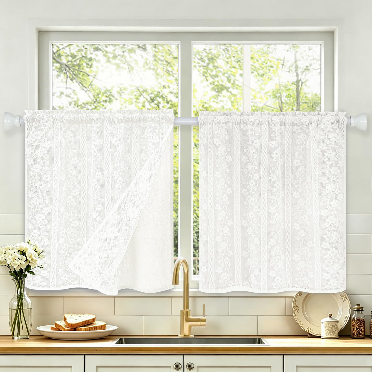ASPMIZ Linen Kitchen Curtains 36 Inch Length, Double Layered Window Curtain 2 Panel Sets Rod Pocket Short Curtains for Kitchen, Farmhouse Window Treatment Tiers for Bathroom, Cafe, Beige