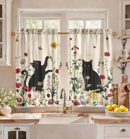 Miss Adola 36 Inch Length Kitchen Tier Curtains, Floral Cat