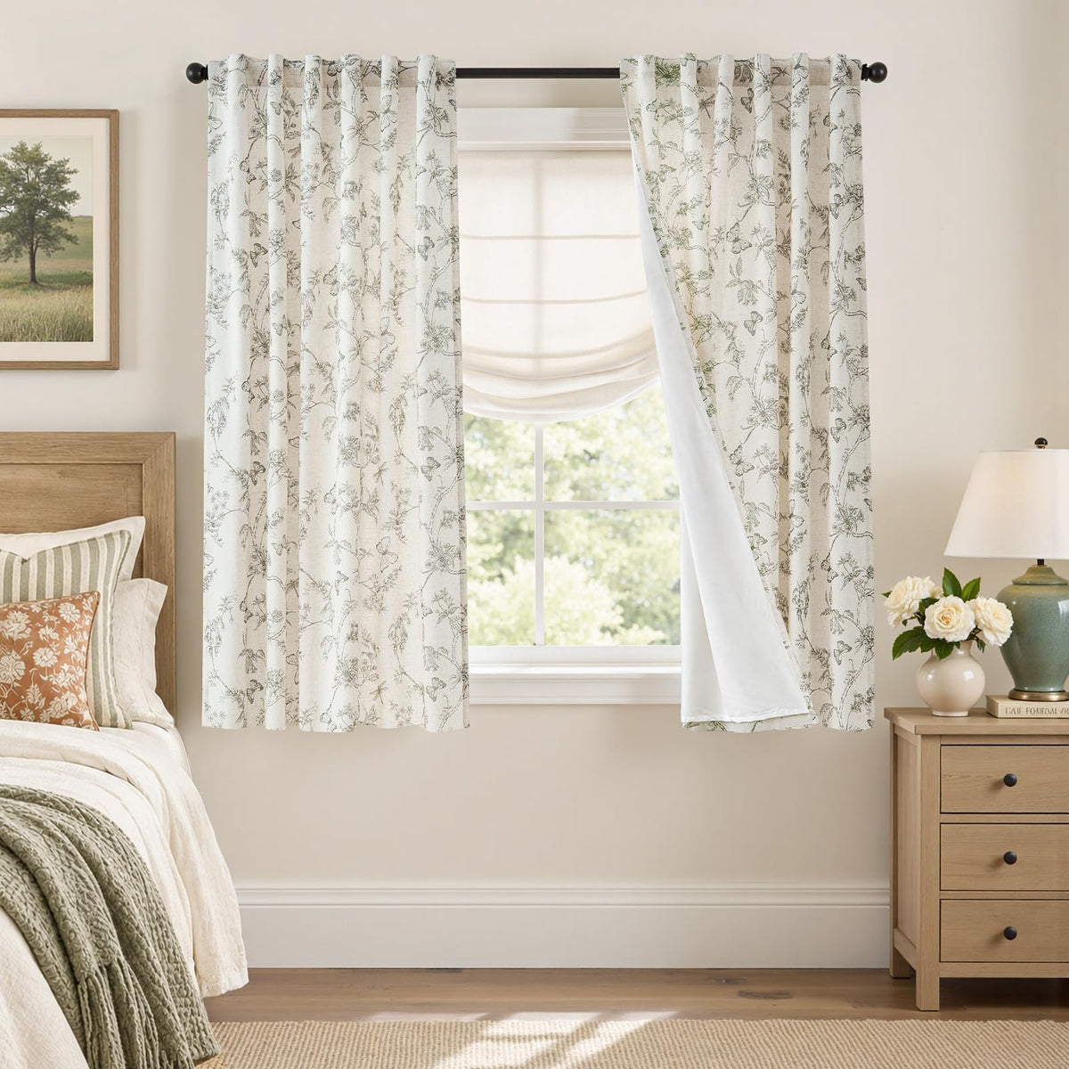 Lazzzy Green Floral Linen Curtains Farmhouse Rod Pocket 50W X 84L 2 Panels