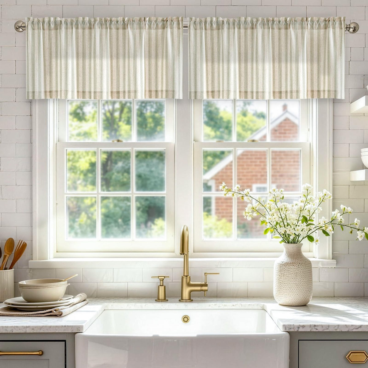 jinchan Linen Boxter Stripe Valances for Window 16 inch,Sage Green,1 Panel