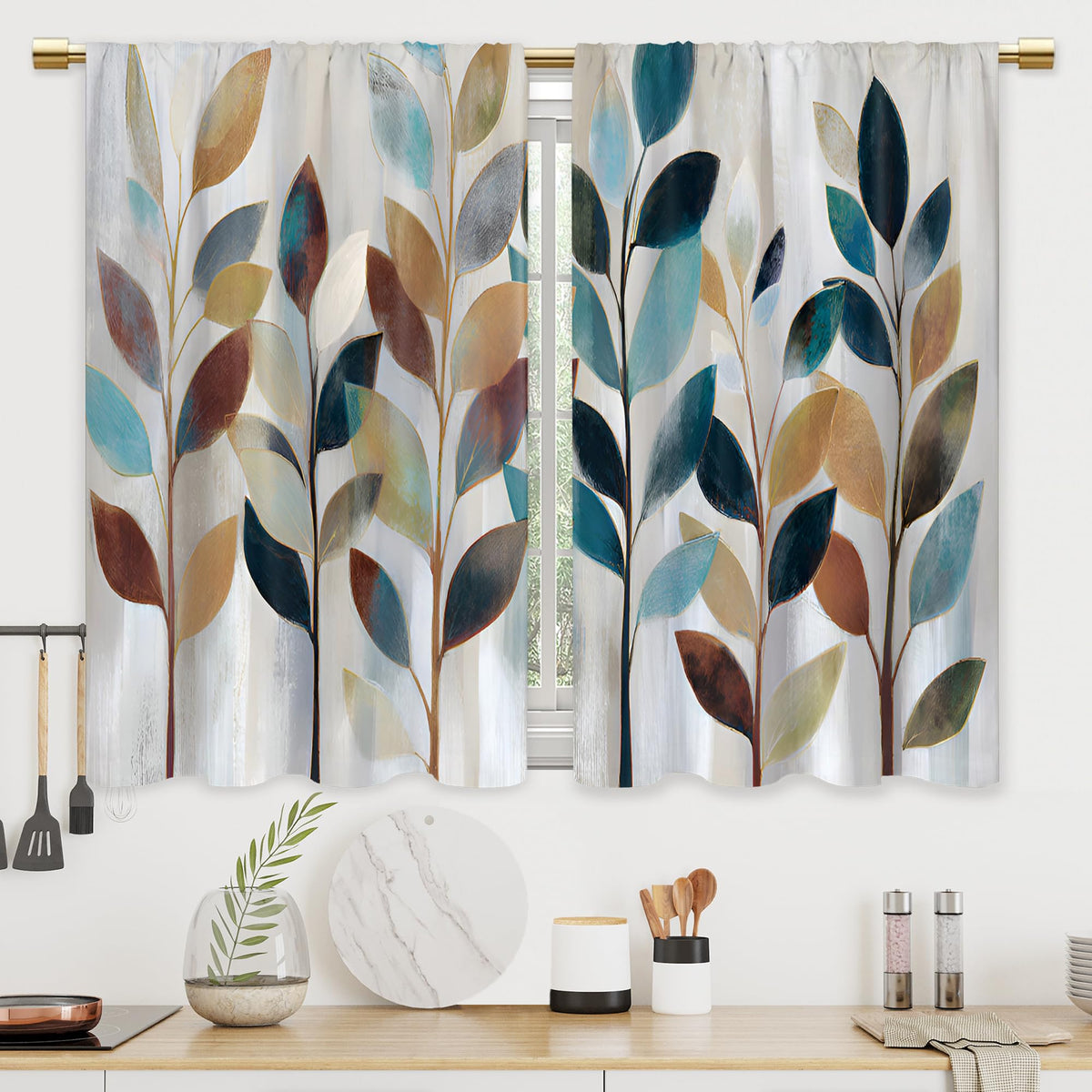 Colorful Leaves Kitchen Curtains Boho Botanical Bathroom Curtains Window Treatment Drapes Tier Flower Floral Cafe Small Bedroom Short French Door Curtains Rod Pocket 2 Panels 27.5x39 Inch