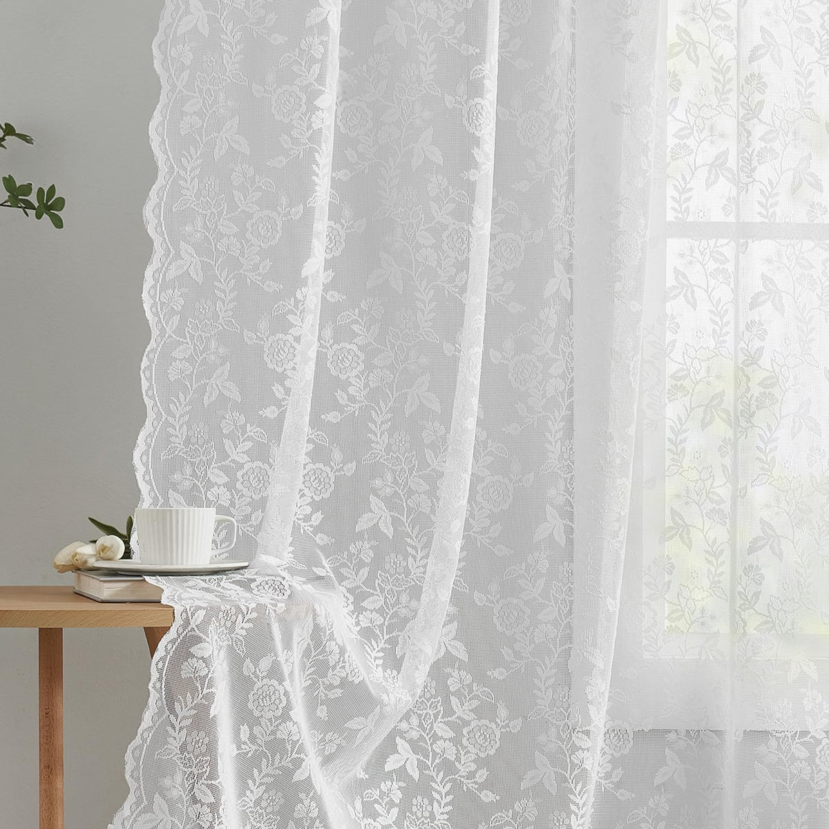 FINECITY Short Beige Lace Curtains Rustic Leaf Floral W42xL36 Inch 2 Panels
