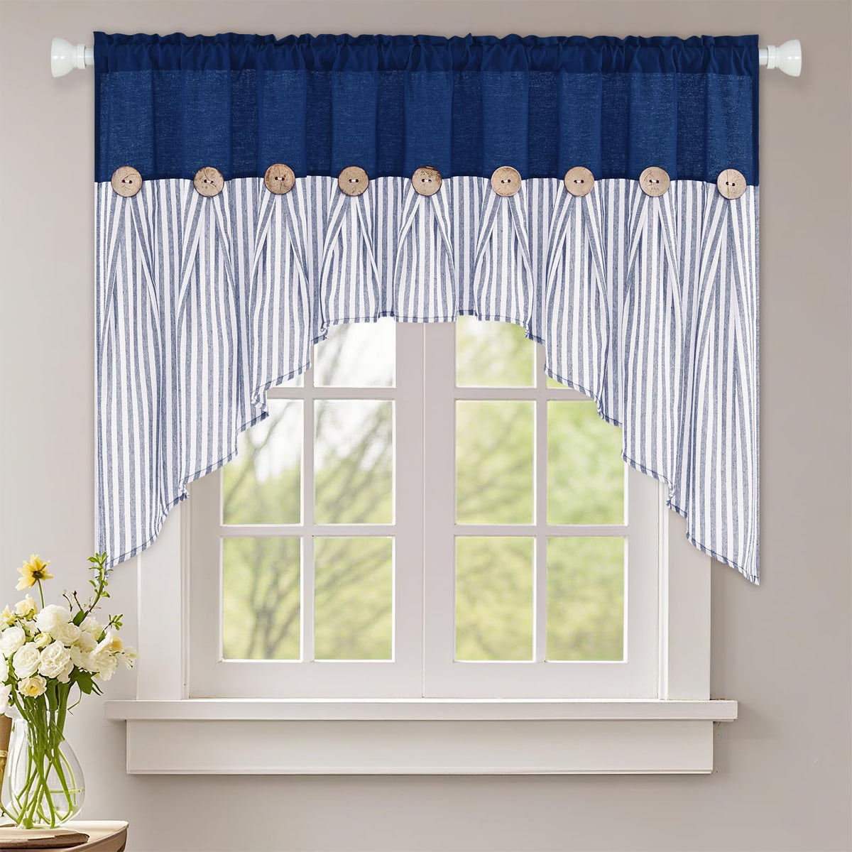 ASPMIZ Cotton Linen Kitchen Valance Curtains, Boho Rustic Button Linen Valances for Windows Farmhouse, Black with Grey Stripe Valance Window Topper Treatment Window Valances for Bathroom, 52 x 18 Inch