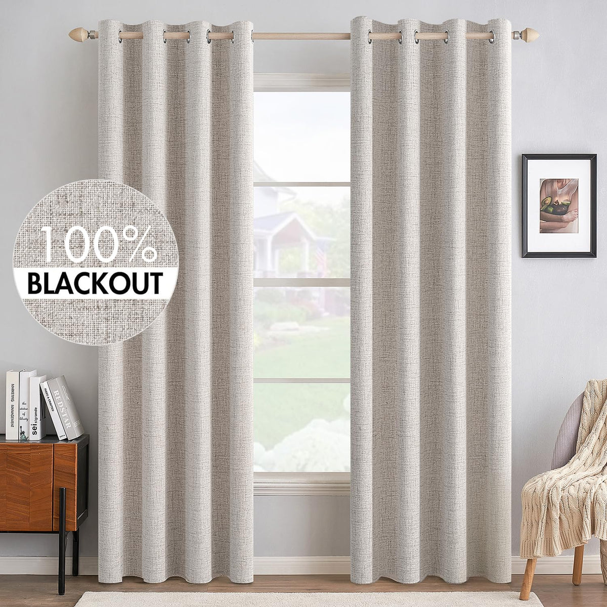 MIULEE 100% Blackout Linen Curtains for Bedroom 52x54 Inches Natural Beige
