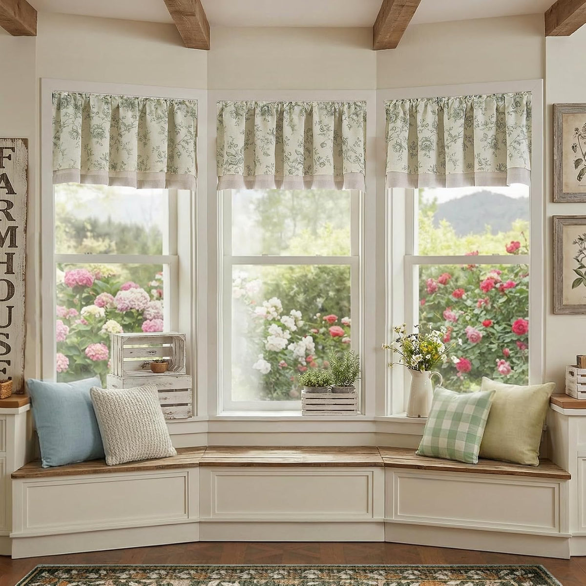 jinchan Amlie Floral Linen Valance Curtain Farmhouse 1 Panel 16 Inch Green