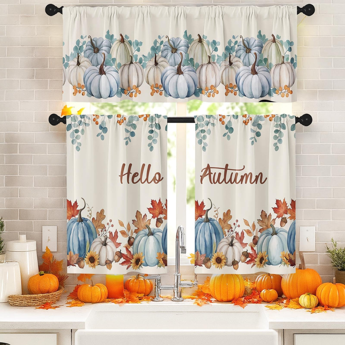 Arttown Fall Kitchen Curtains Sets for Windows, Pumpkin, 52x36 Inch