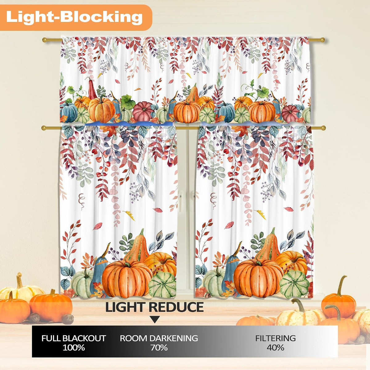 FUTBU Fall Kitchen Curtains for Windows-Fall Decorations Leaves Pumpkin Valances-Autumn Leaf Curtains and Valances Set Decor for Cafe Living Room 27''x24'' 2 Panel & 54x18 Inch Tier Set Thanksgiving