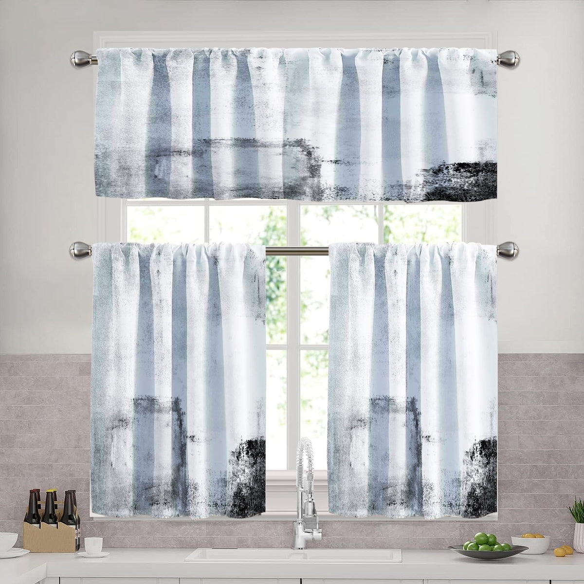 Blue Brown Kitchen Curtains Set, 3 Piece 52x36 Inch Valance & Tier Curtains