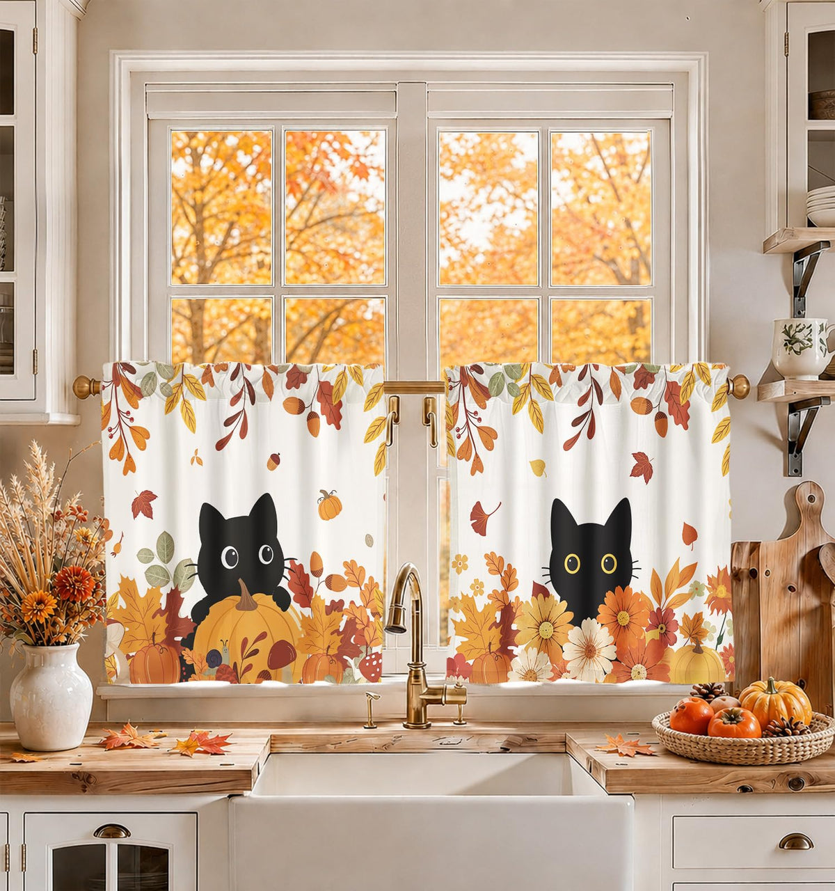 Miss Adola 36 Inch Length Kitchen Tier Curtains, Floral Cat
