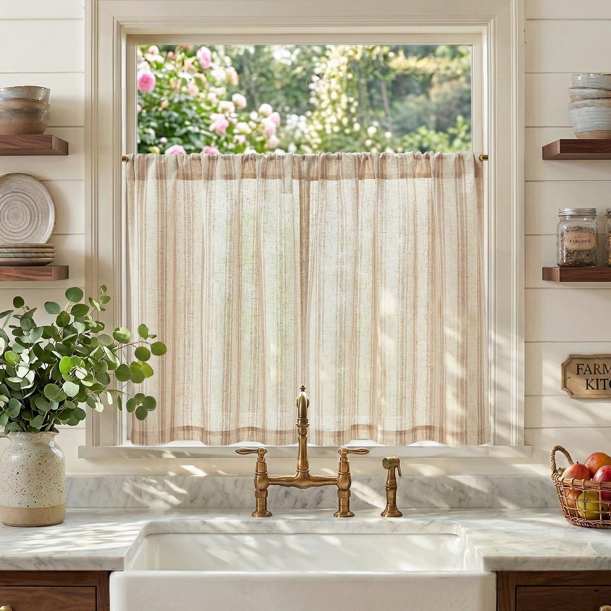 jinchan Linen Striped Tier Curtains for Kitchen Windows Farmhouse