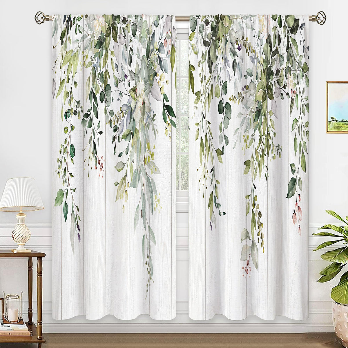 Eucalyptus Botanical Leaves Floral Kitchen Window Curtains Over Sink Boho Farmhouse Flower Leaf Small Window Treatment Sage Green Cafe Short Curtains for Bathroom Tier Drapes 27.5x39 inch