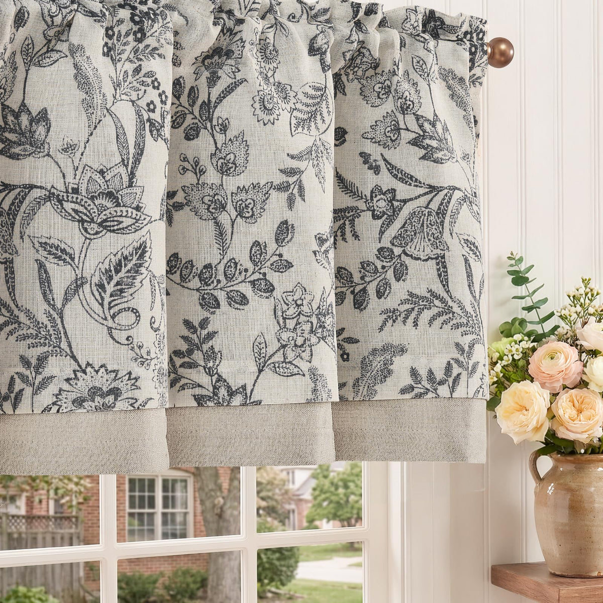 jinchan Floral Linen Kitchen Valance Curtain, 50x16, 1 Panel, Black