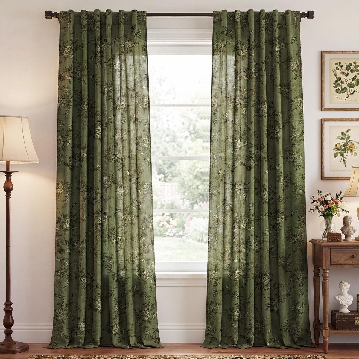 NICETOWN Sage Green Floral Linen Curtains Cafe Curtains, W26 x L36