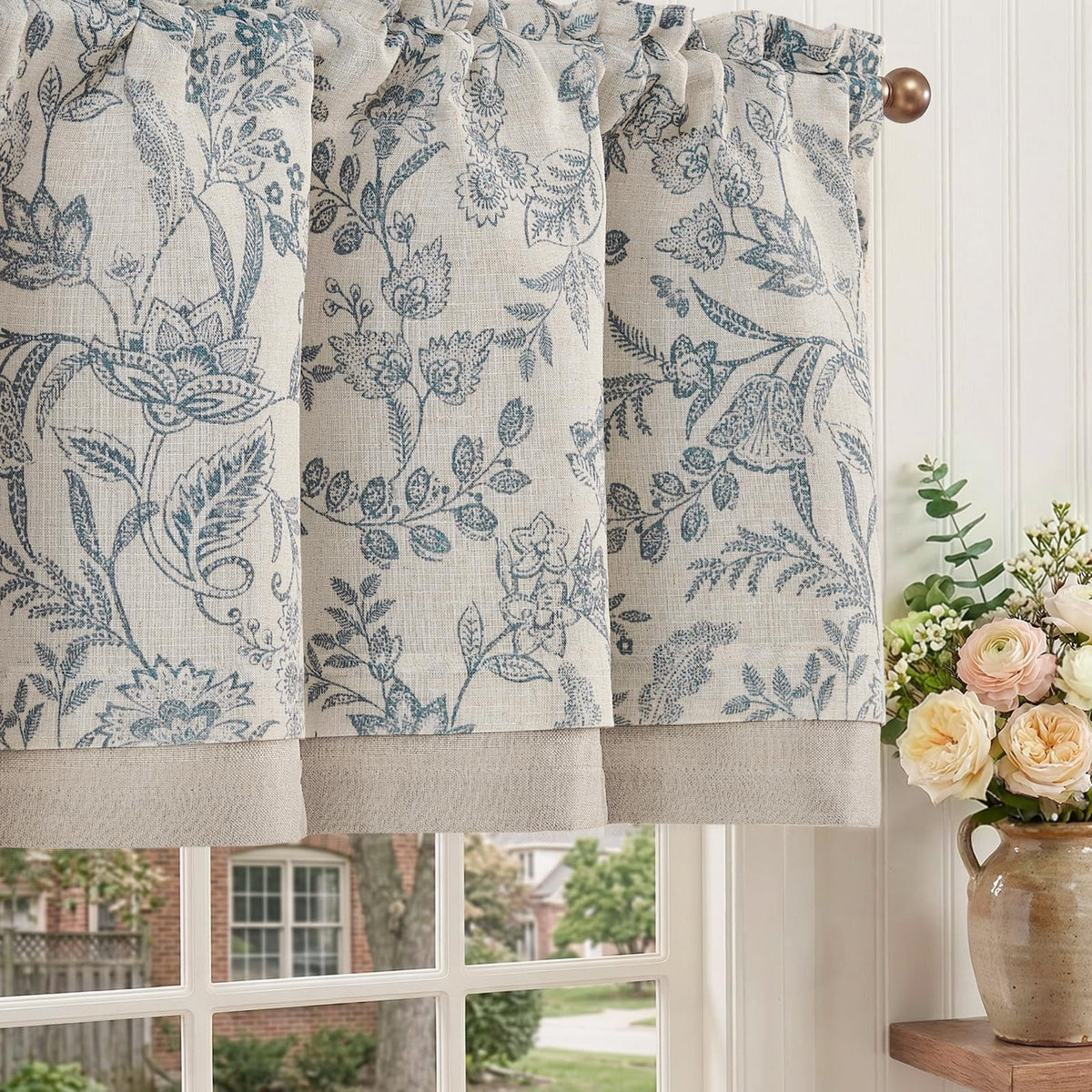 jinchan Floral Linen Kitchen Valance Curtain, 50x16, 1 Panel, Black