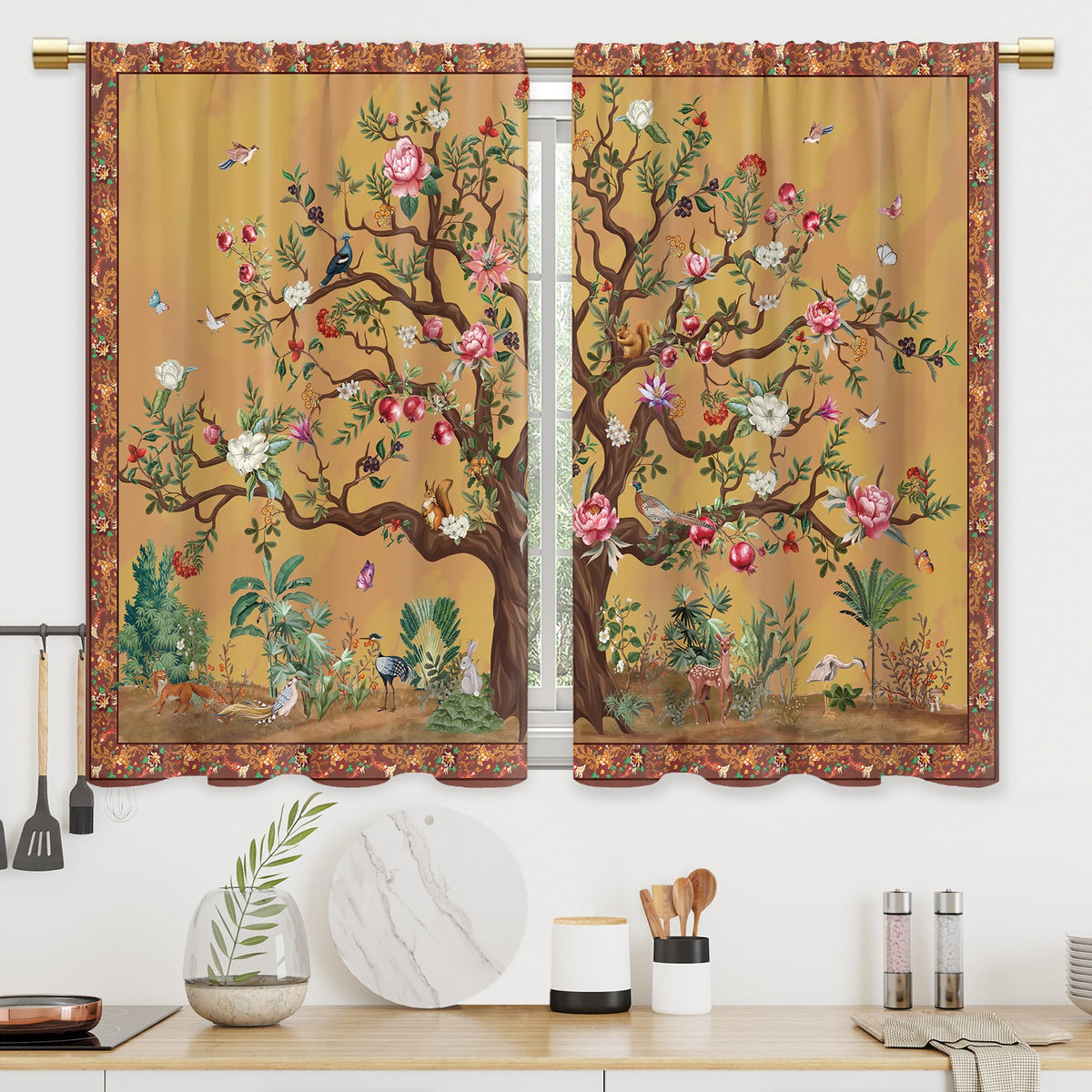 Colorful Leaves Kitchen Curtains Boho Botanical Bathroom Curtains Window Treatment Drapes Tier Flower Floral Cafe Small Bedroom Short French Door Curtains Rod Pocket 2 Panels 27.5x39 Inch