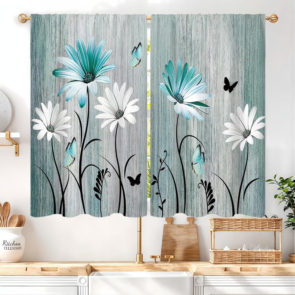 Yellow Sunflower Kitchen Curtains 42W X 63L Inch 2 Panels Rod Pocket Country Rustic Floral Flower Butterfly Farmhouse Over Sink Small Short Cafe Tier Window Treatment Bathroom Decor