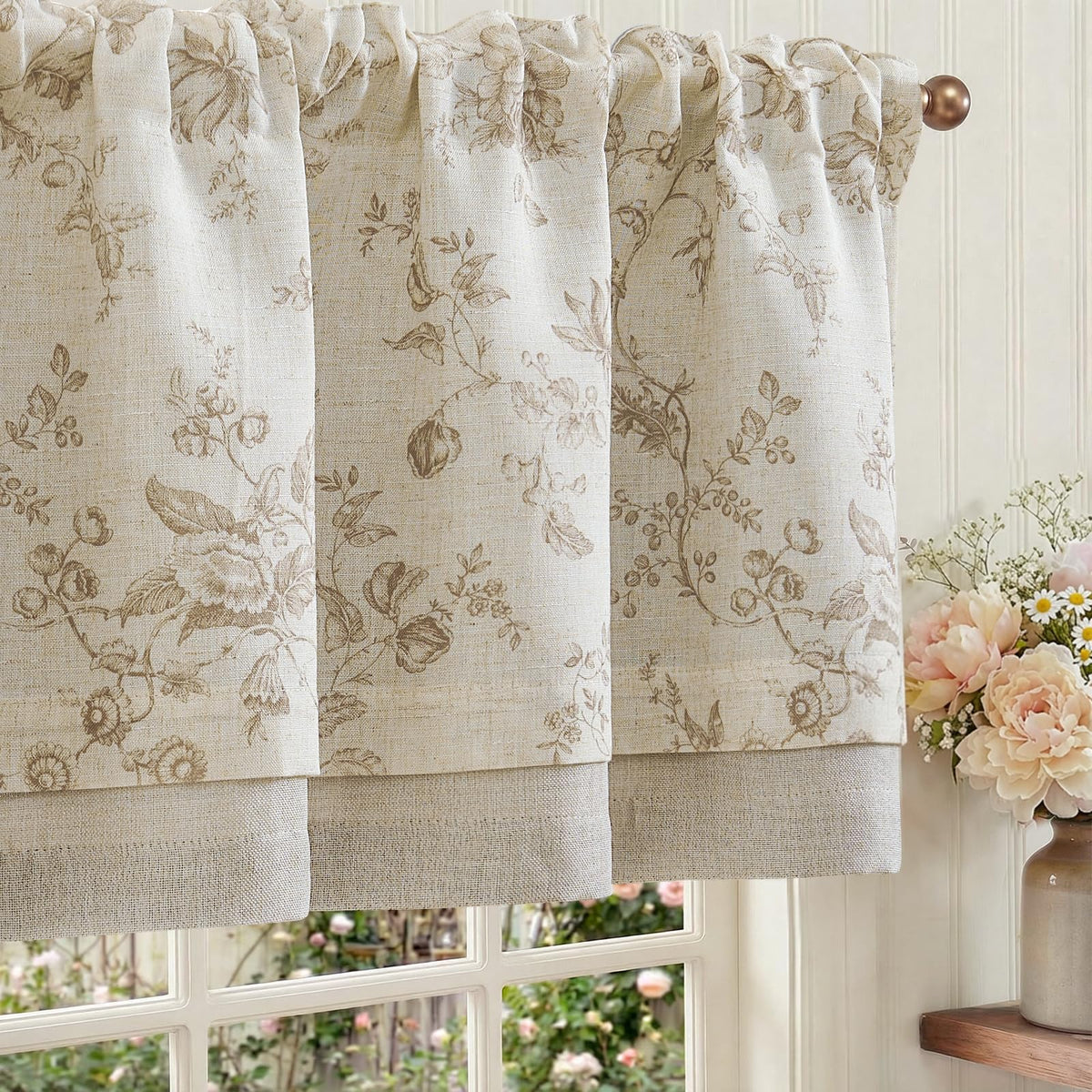 jinchan Amlie Floral Linen Valance Curtain Farmhouse 1 Panel 16 Inch Green